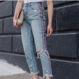 Abercrombie & Fitch Annie High Rise Girlfriend Distressed Jeans Red Stripe 29/8